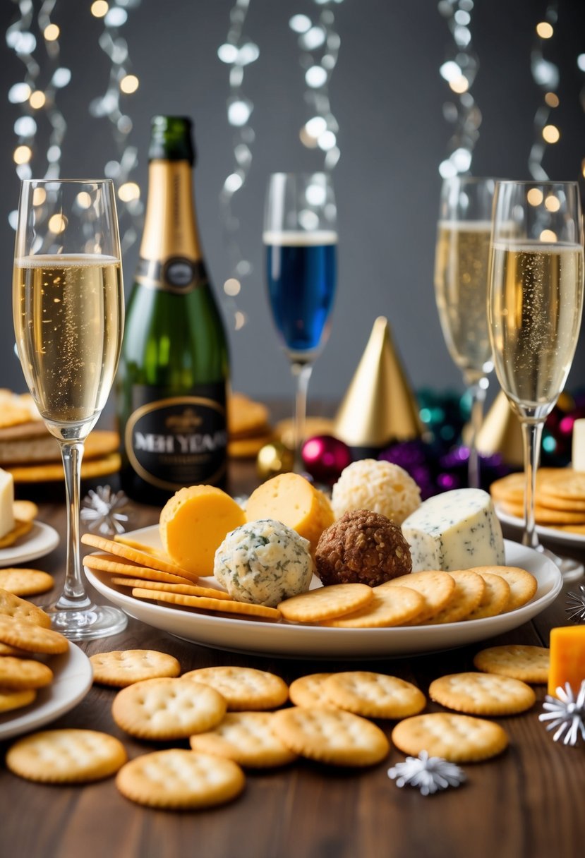 A festive table spread with a variety of cheese balls and crackers, surrounded by champagne flutes and sparkling decorations for a New Year's Eve celebration