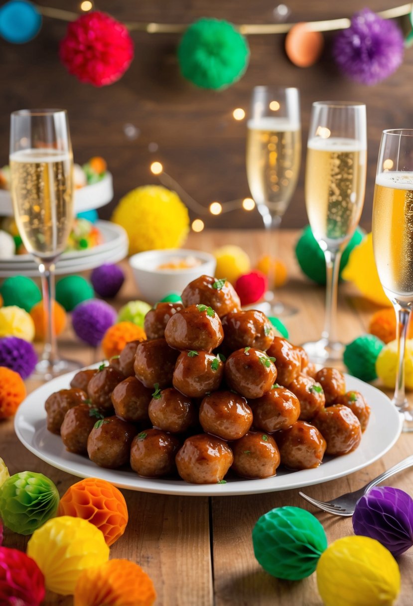 A festive table spread with a platter of sweet and sour meatballs, surrounded by colorful party decorations and sparkling champagne glasses