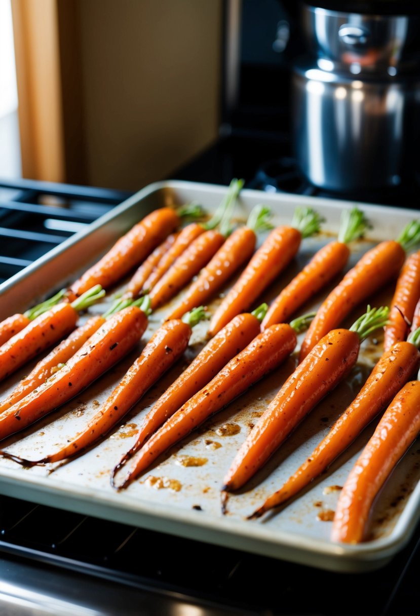 A sheet pan of brown sugar glazed carrots roasting in the oven