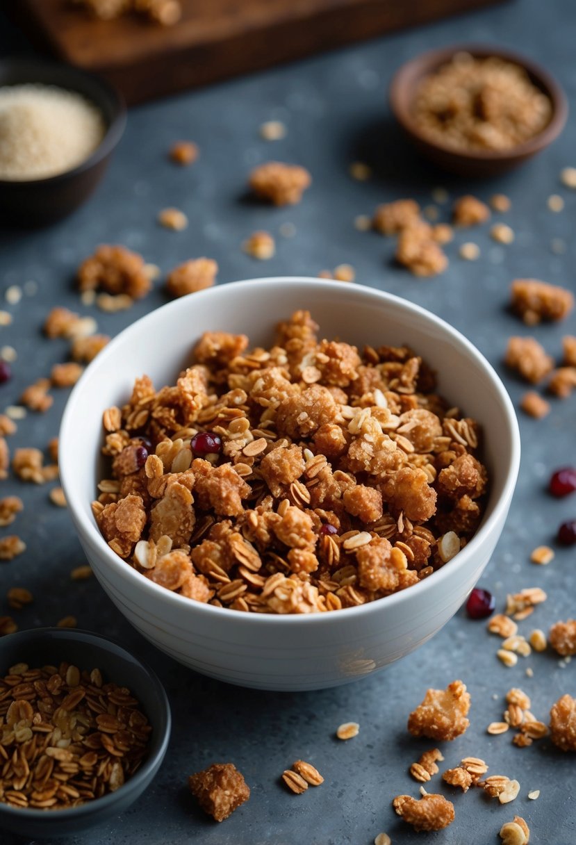 A bowl of maple brown sugar granola with ingredients scattered around