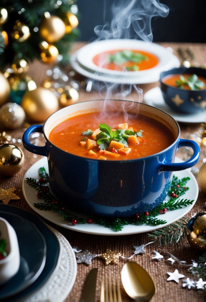 A pot of steaming tomato soup surrounded by festive decorations on a cozy New Year's Eve table