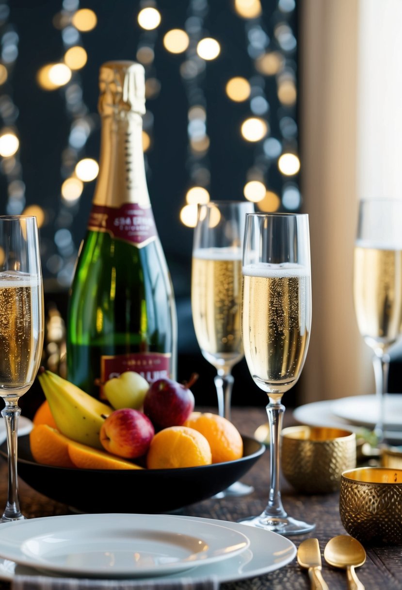 A festive table setting with a bottle of sparkling cider, elegant glasses, and a bowl of fresh fruit for New Year's Eve celebration