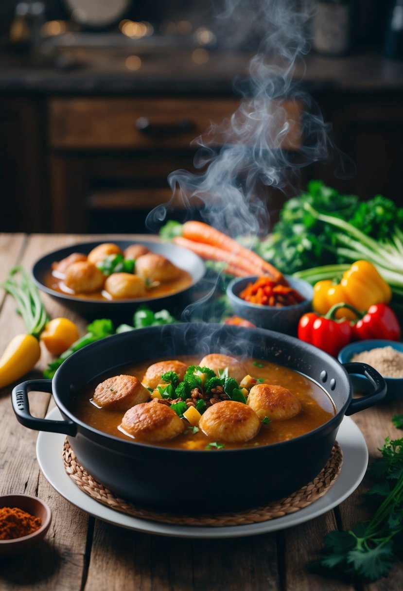 A rustic kitchen table set with a steaming pot of Hoppin' John, surrounded by colorful vegetables and spices