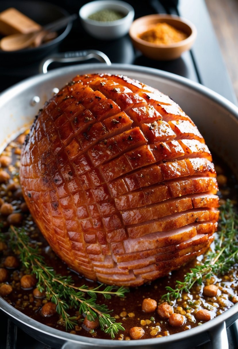 A succulent ham coated in glistening brown sugar glaze, surrounded by aromatic spices and herbs, sizzling in the oven