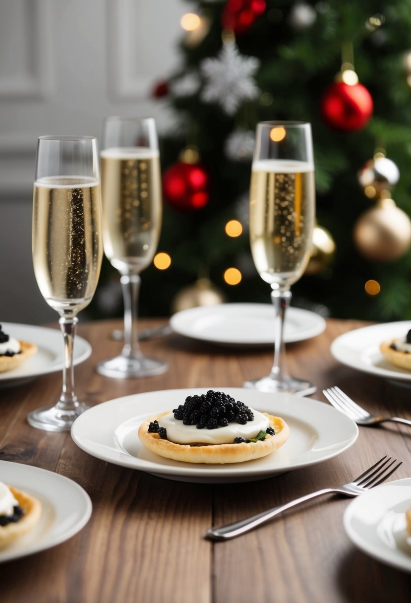 A table set with blini topped with caviar, surrounded by champagne flutes and festive decorations