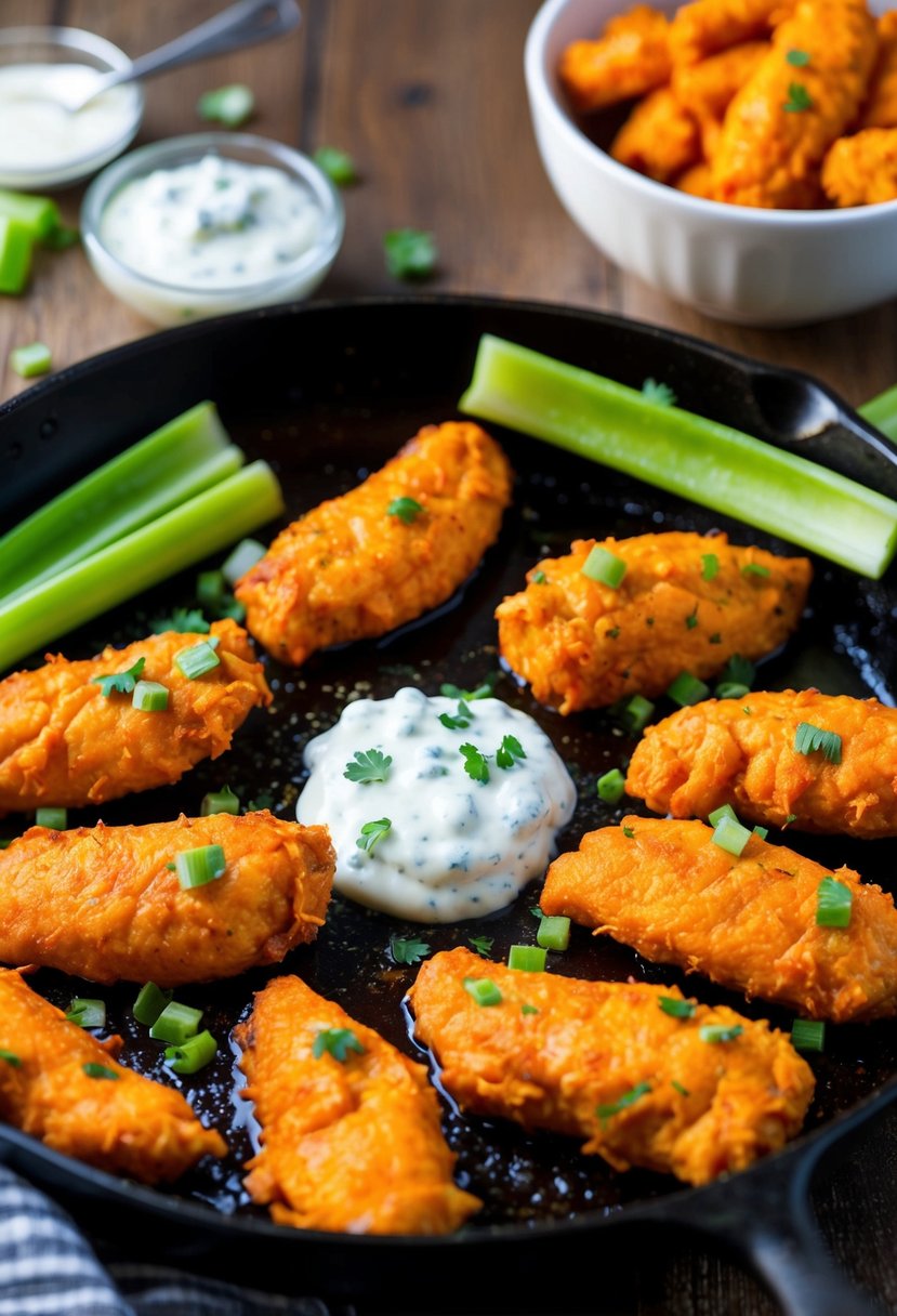 A sizzling skillet of buffalo chicken tenders with a side of celery sticks and a dollop of blue cheese dressing