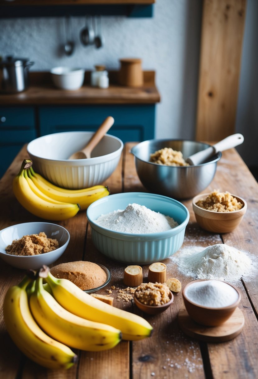 A rustic kitchen with a wooden table covered in ingredients such as ripe bananas, brown sugar, and flour, with a mixing bowl and a loaf pan nearby