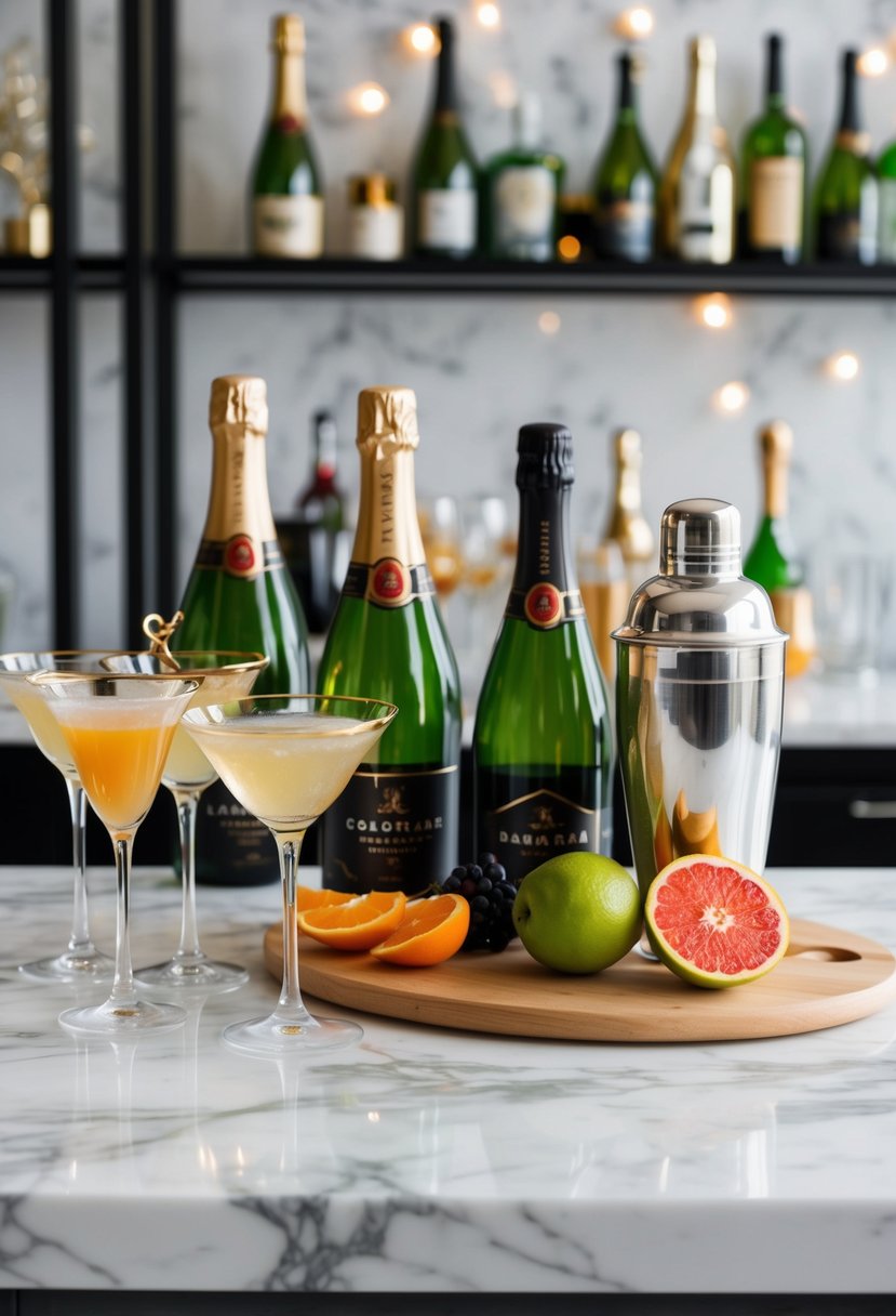 A festive bar scene with champagne bottles, fresh fruit, and cocktail shakers on a marble countertop