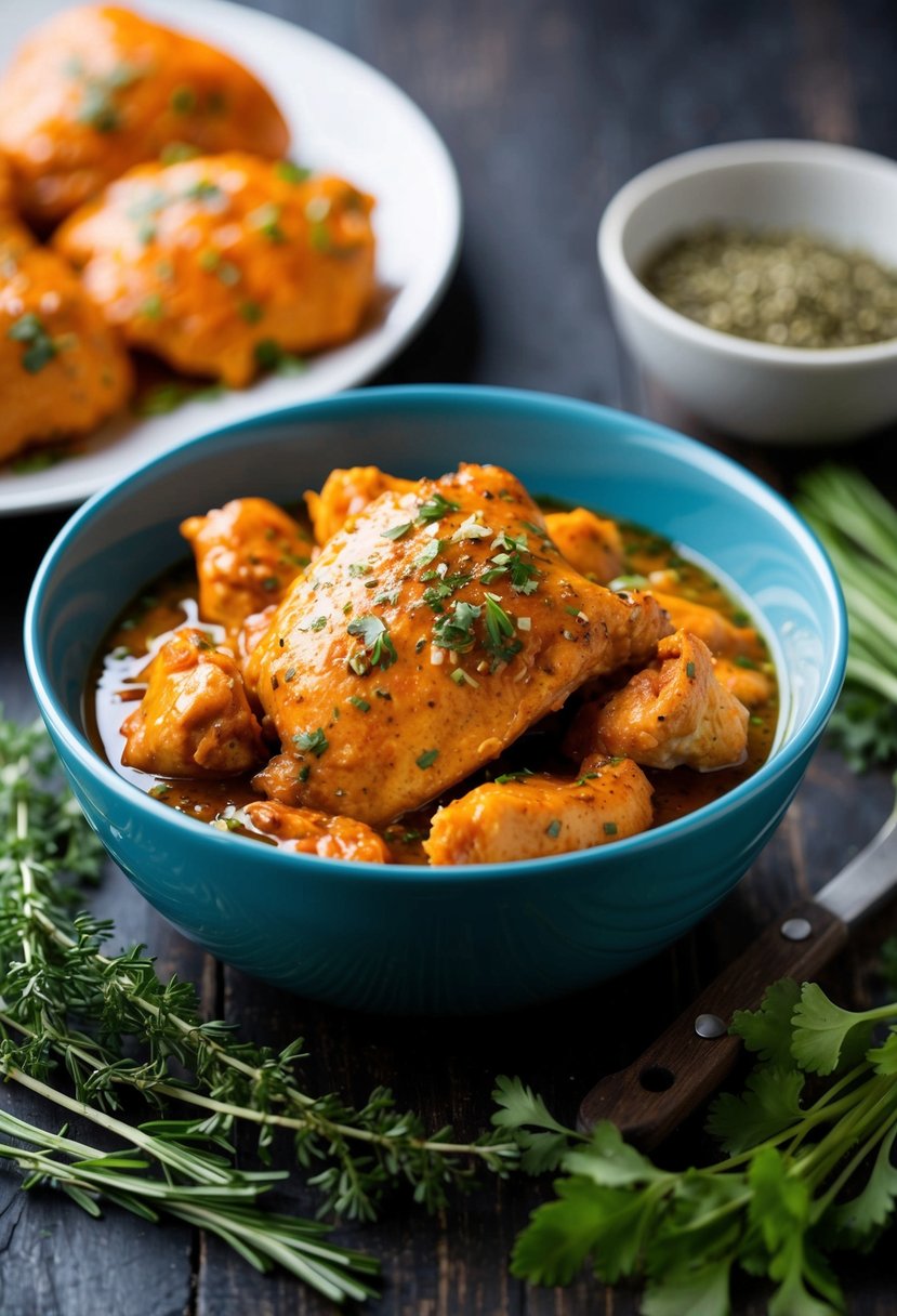 A bowl of marinated buffalo chicken, surrounded by herbs and spices, ready for grilling