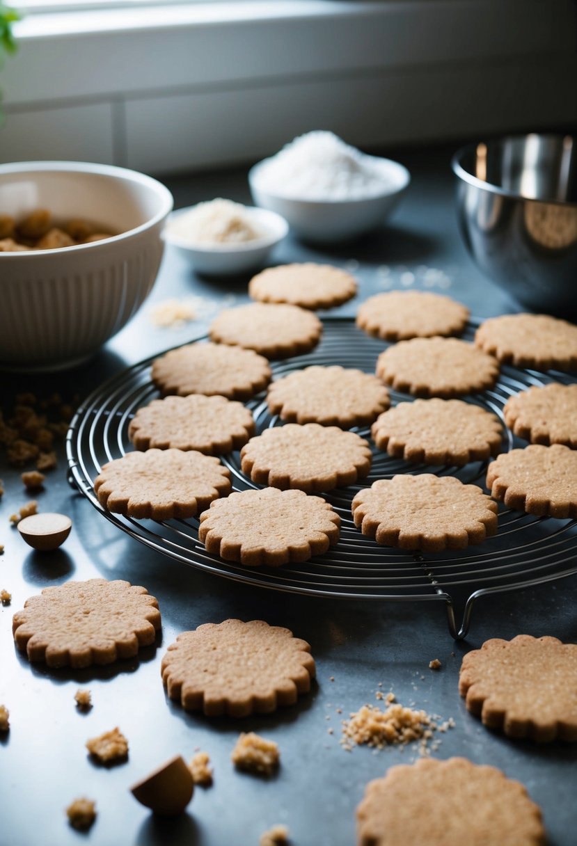 A kitchen counter with a cooling rack of brown sugar shortbread cookies, surrounded by scattered ingredients and a mixing bowl