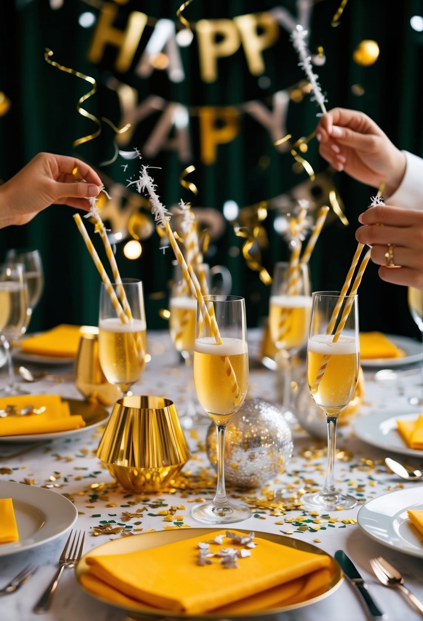 A festive table spread with cheese straws, sparkling drinks, and confetti for a New Year's Eve celebration