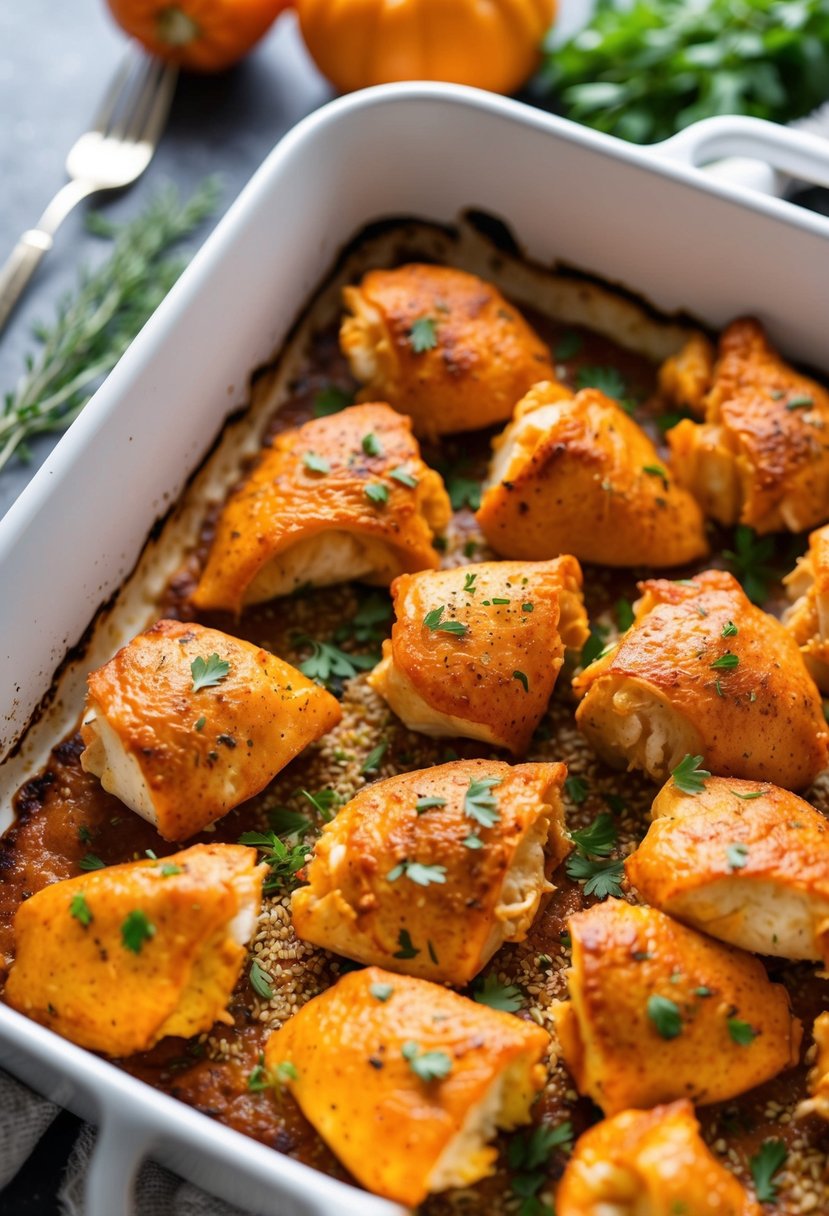 A baking dish filled with golden brown buffalo chicken pieces, surrounded by a sprinkle of herbs and spices