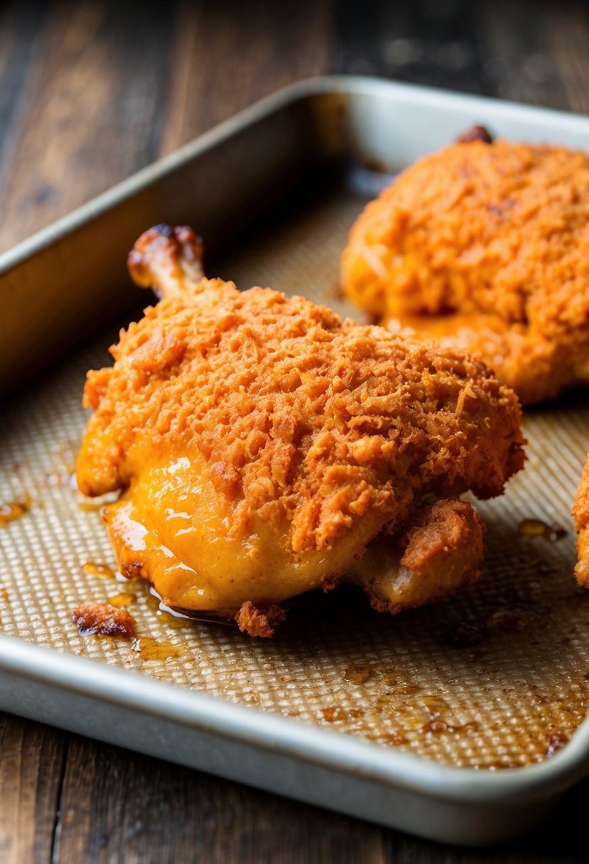 A golden-brown honey buffalo chicken, covered in a crispy crust, sits on a baking tray