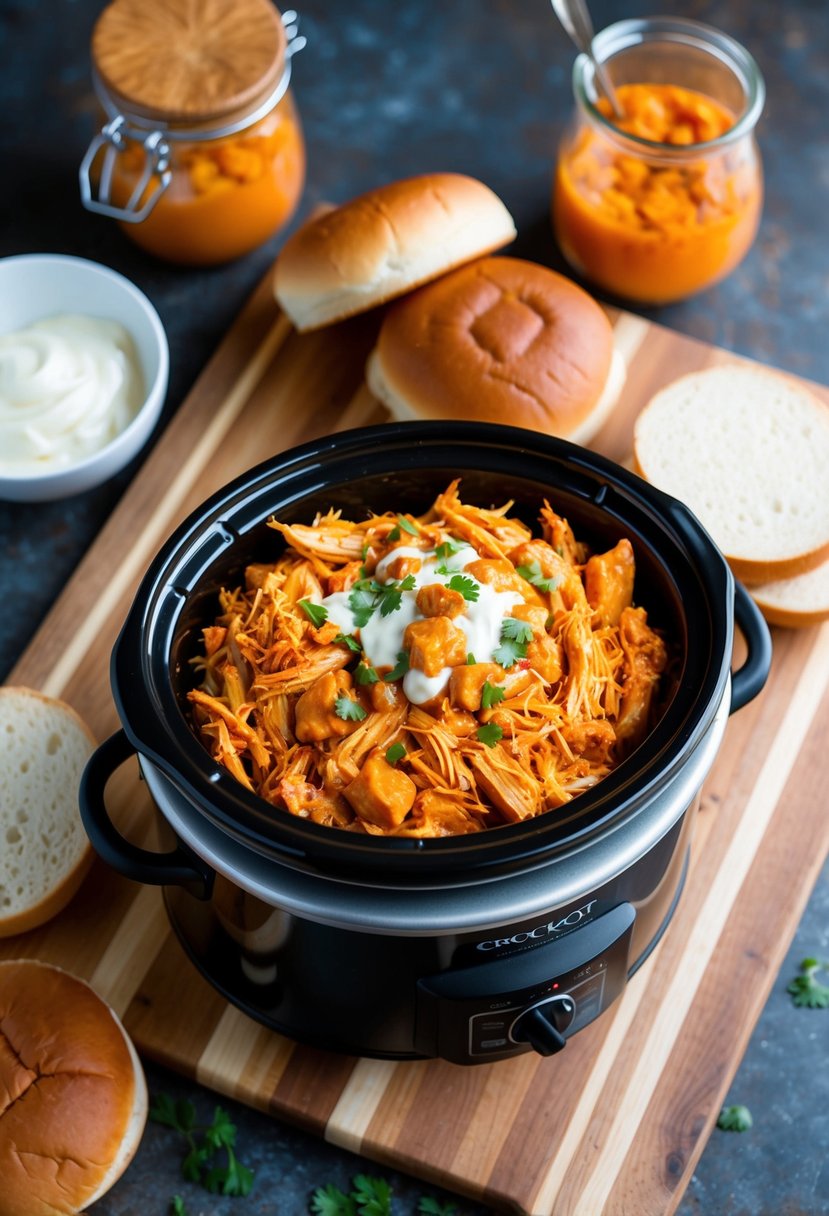 A crockpot filled with shredded buffalo chicken, surrounded by buns and toppings on a wooden cutting board