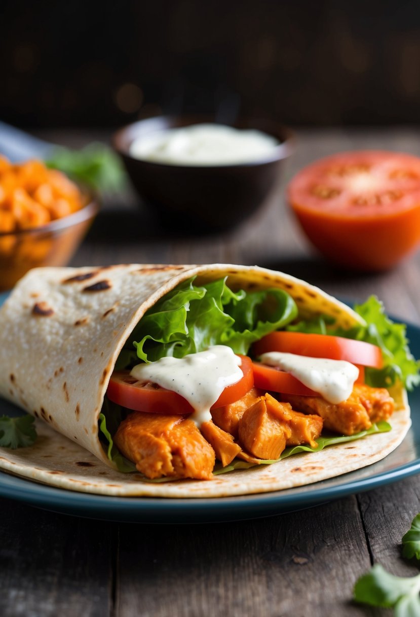 A sizzling buffalo chicken wrap with lettuce, tomato, and creamy dressing on a warm tortilla