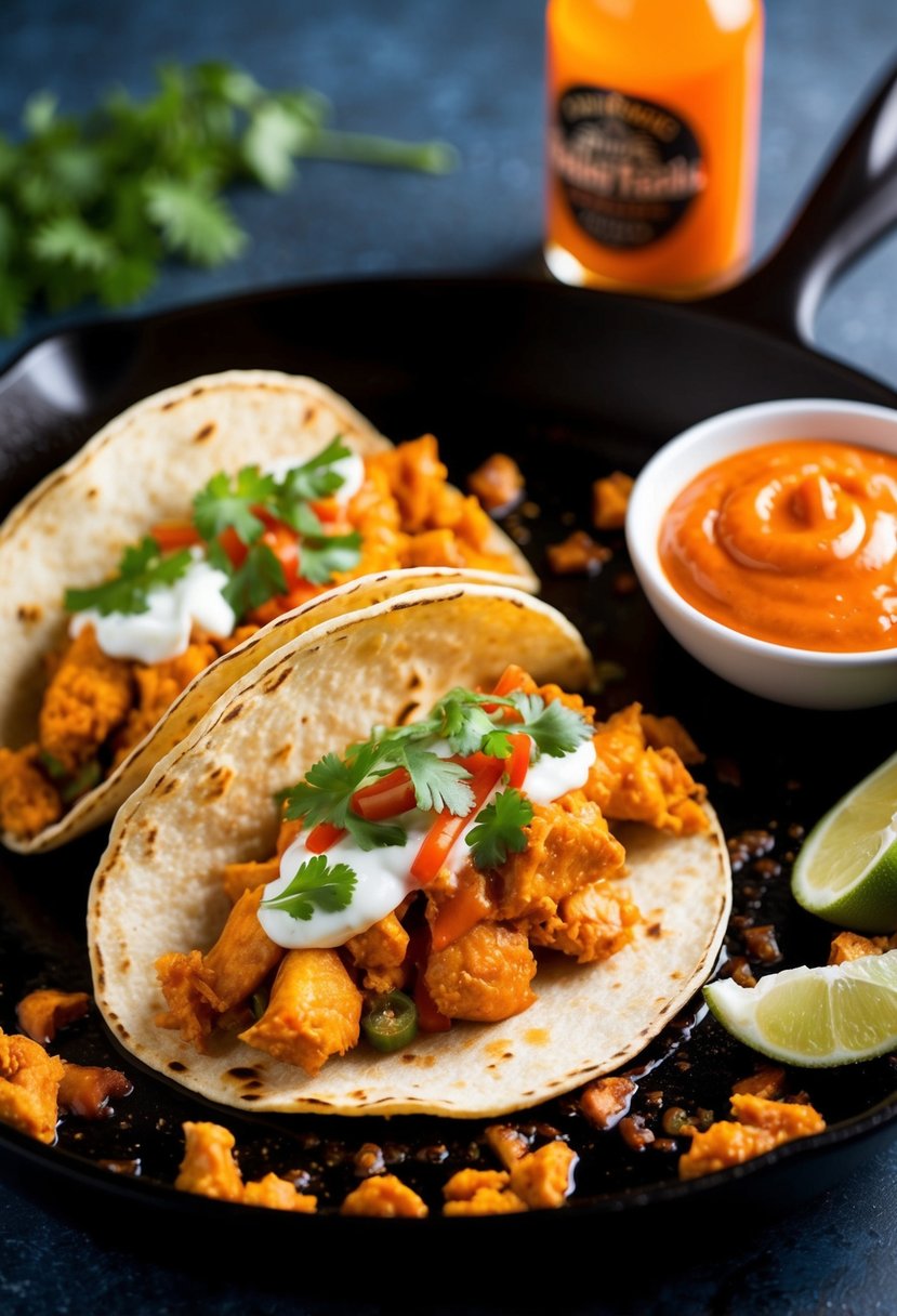 A sizzling skillet of spicy buffalo chicken tacos with fresh toppings and a side of hot sauce