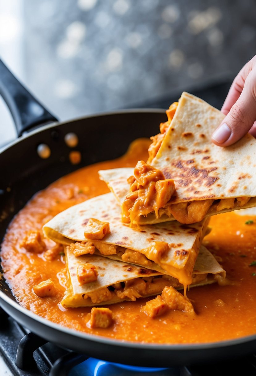 Buffalo chicken quesadillas being prepared on a sizzling hot pan with melted cheese, diced chicken, and spicy buffalo sauce