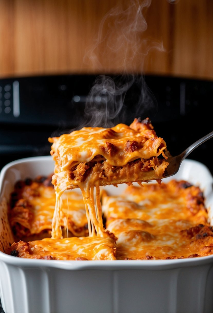 A steaming hot buffalo chicken lasagna being pulled out of the oven, with bubbling cheese and a golden brown crust