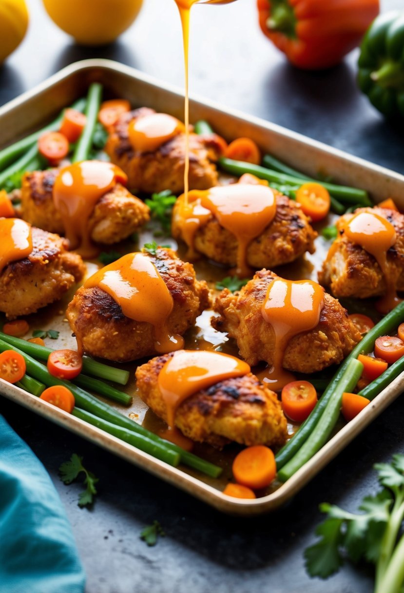 A sheet pan filled with honey buffalo chicken, surrounded by colorful vegetables and drizzled with sauce