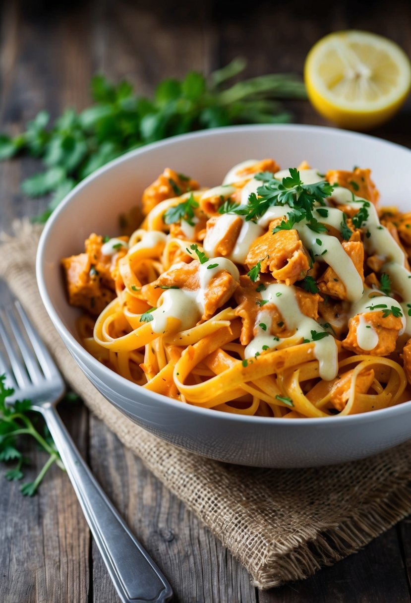 A steaming bowl of buffalo chicken pasta, garnished with fresh herbs and drizzled with creamy sauce, sits on a rustic wooden table