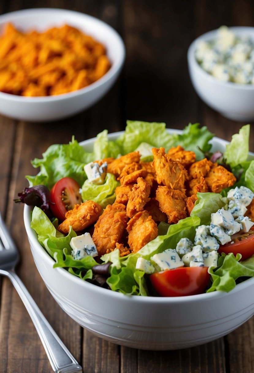 A bowl of buffalo chicken salad with lettuce, tomatoes, blue cheese, and crispy chicken strips