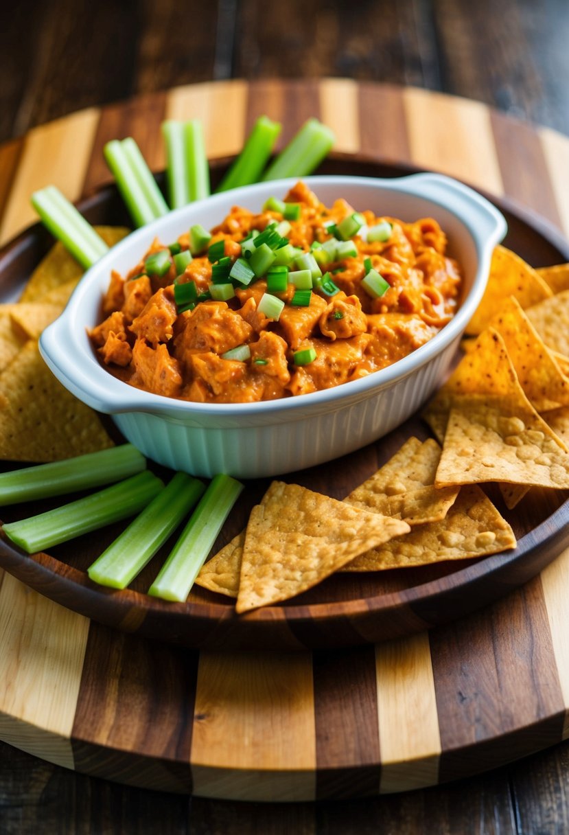 A bowl of bubbling buffalo chicken dip surrounded by tortilla chips and celery sticks on a wooden serving platter