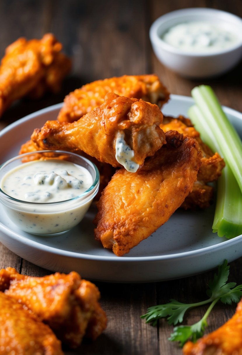 A plate of crispy buffalo chicken wings with a side of celery and blue cheese dressing