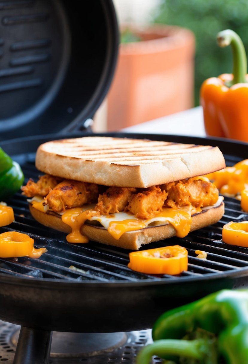 A sizzling buffalo chicken panini on a hot grill, surrounded by sizzling peppers and melted cheese