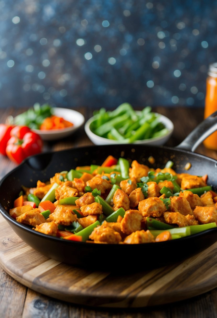 A sizzling skillet of buffalo chicken stir-fry with colorful vegetables and spicy sauce