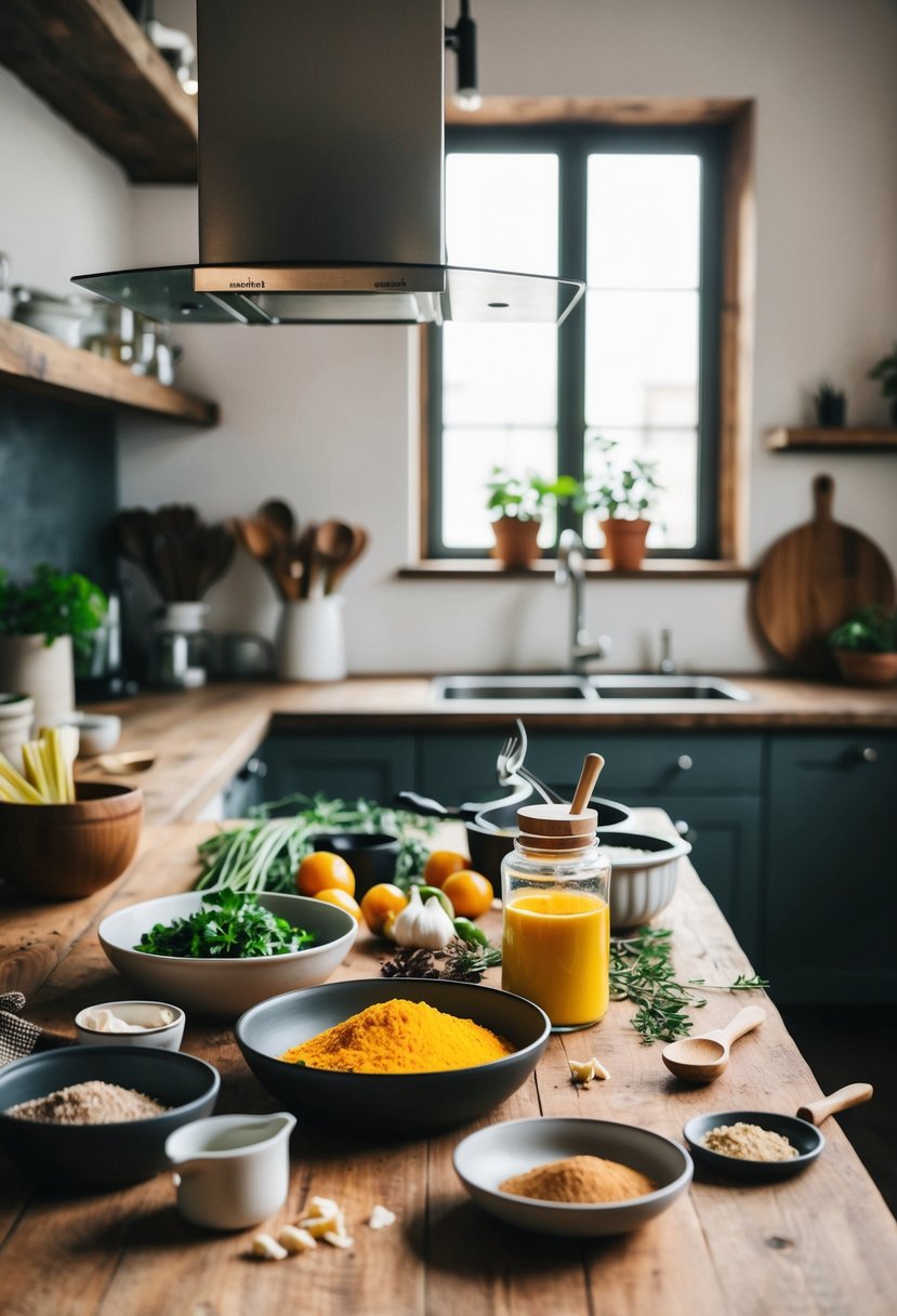 A rustic kitchen counter with scattered ingredients and cooking utensils for ujeqe recipes