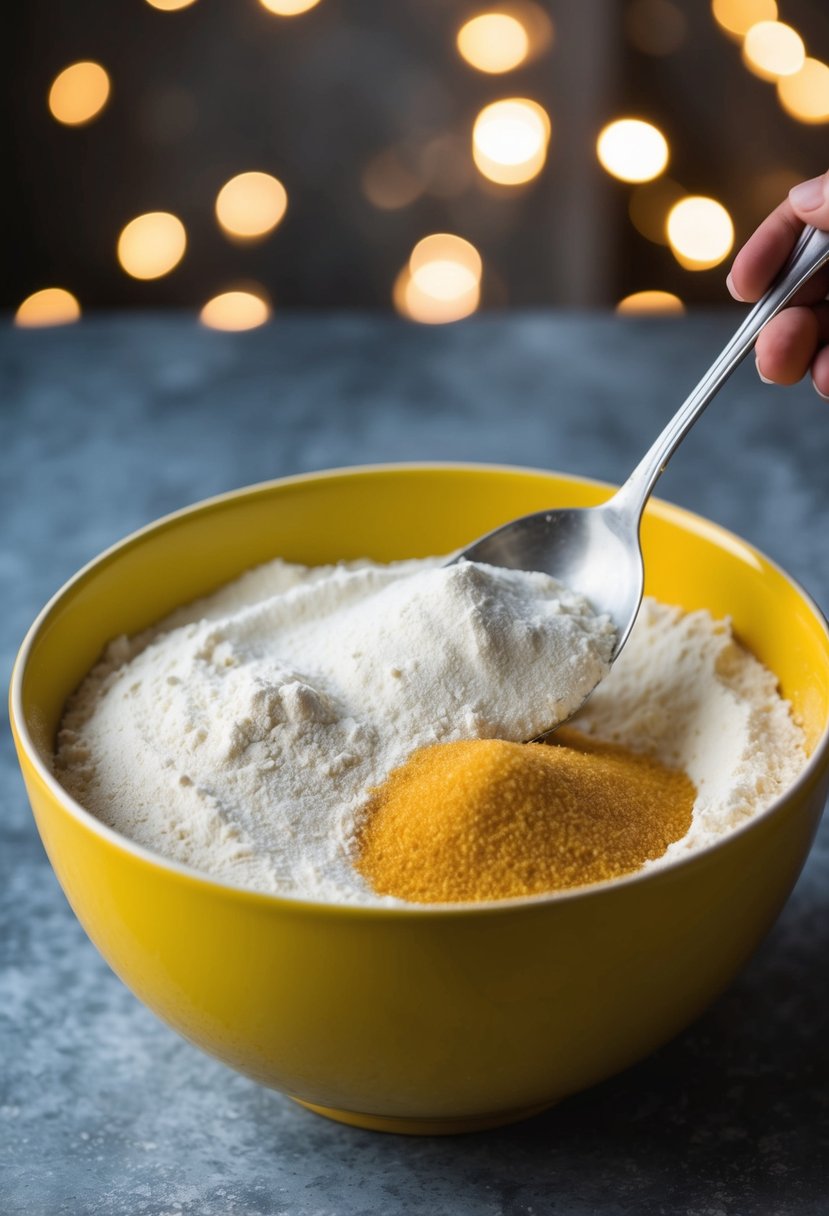 A bowl of flour, sugar, and yeast being mixed together with a spoon