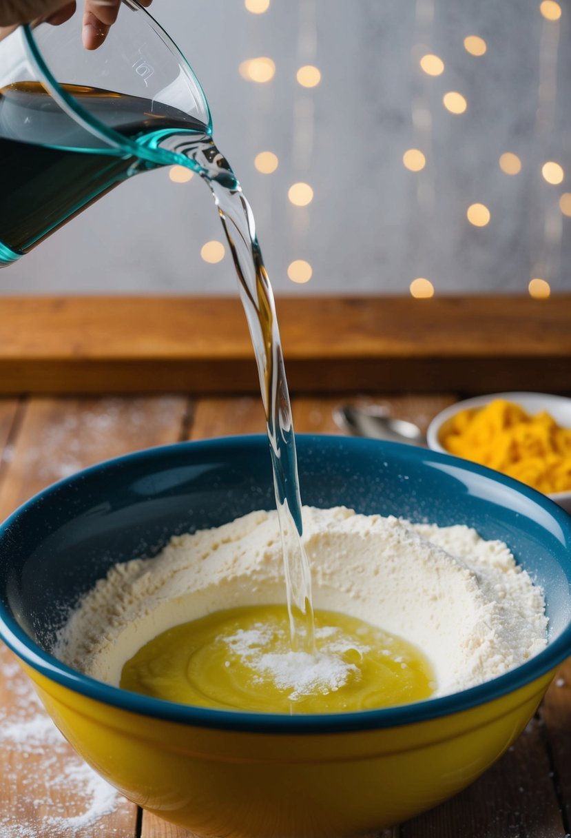 Lukewarm water being poured into a mixing bowl with flour for ujeqe dough