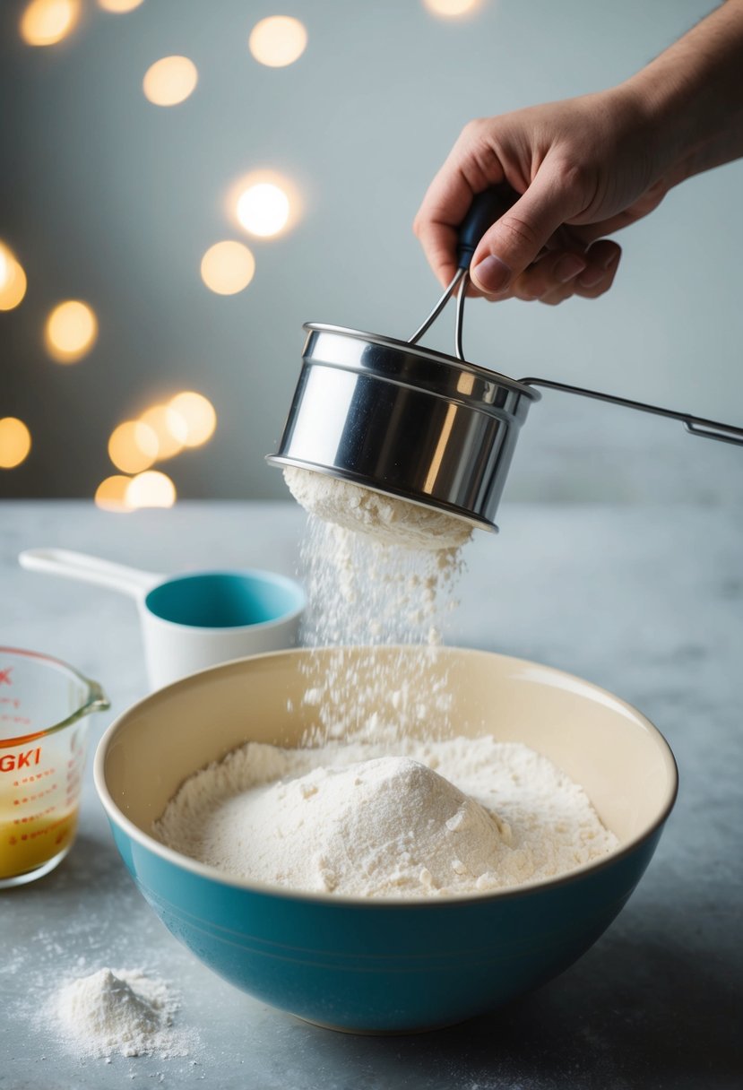 A sifter releasing fine cake flour into a mixing bowl, with a measuring cup nearby