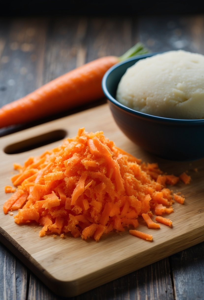 A wooden cutting board with a pile of grated carrots next to a bowl of ujeqe dough