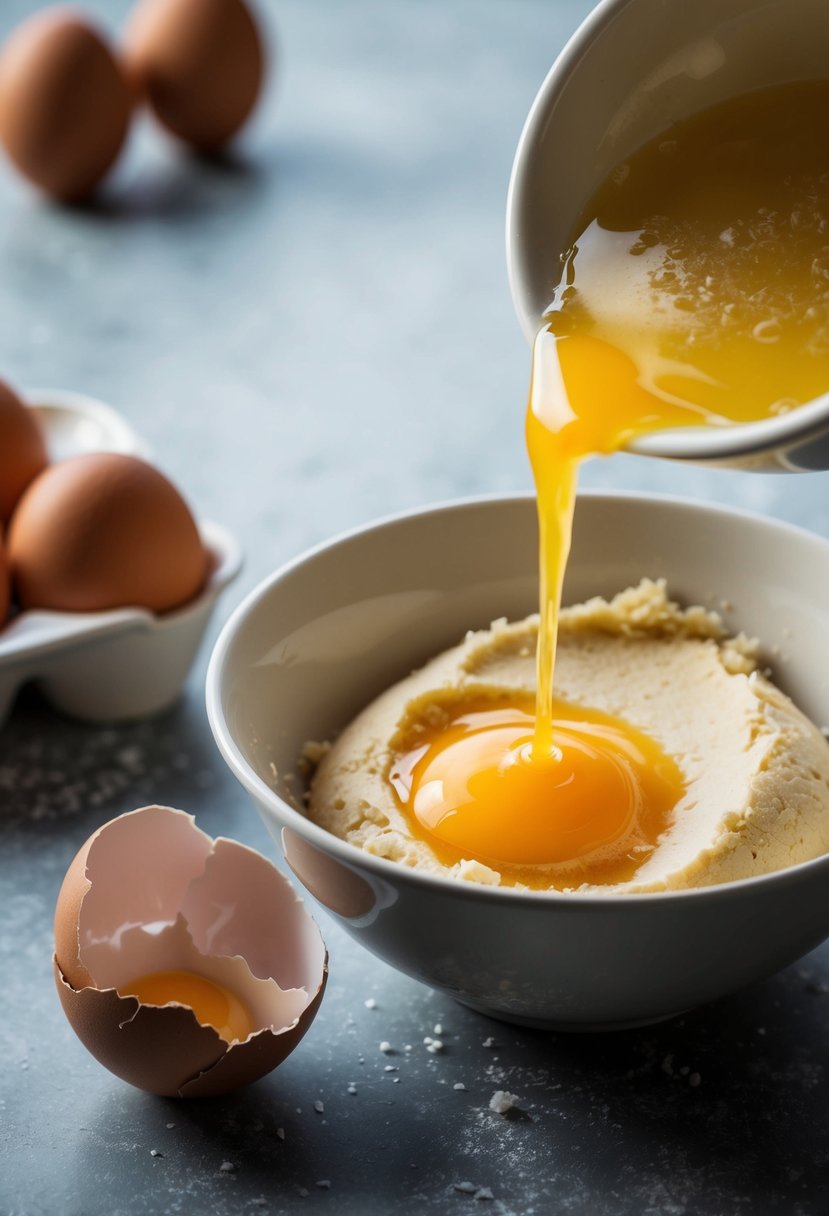 A cracked eggshell lies next to a bowl of ujeqe dough, with a beaten egg being poured into the mixture