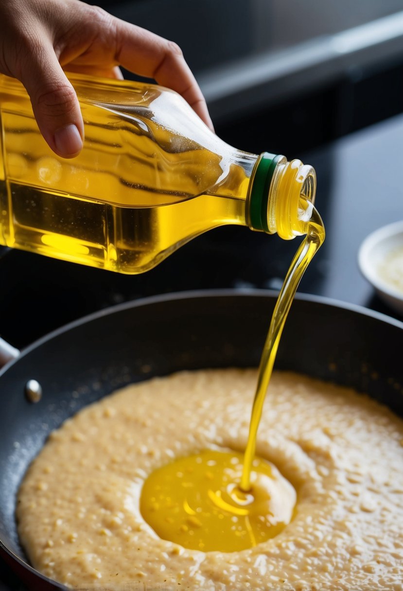 A bottle of sunflower oil pouring onto a sizzling pan of ujeqe batter, adding a golden sheen to the cooking bread