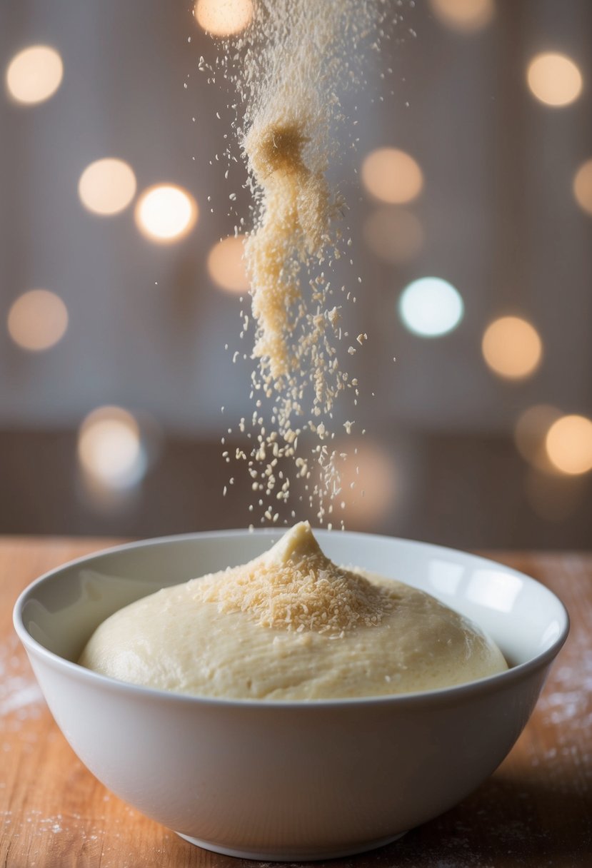 A bowl of dough with instant yeast sprinkled on top, rising quickly