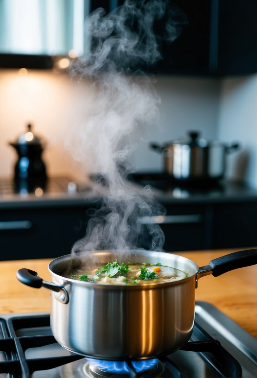 A pot sits on a stovetop, emitting gentle steam as it cooks ujeqe over low heat