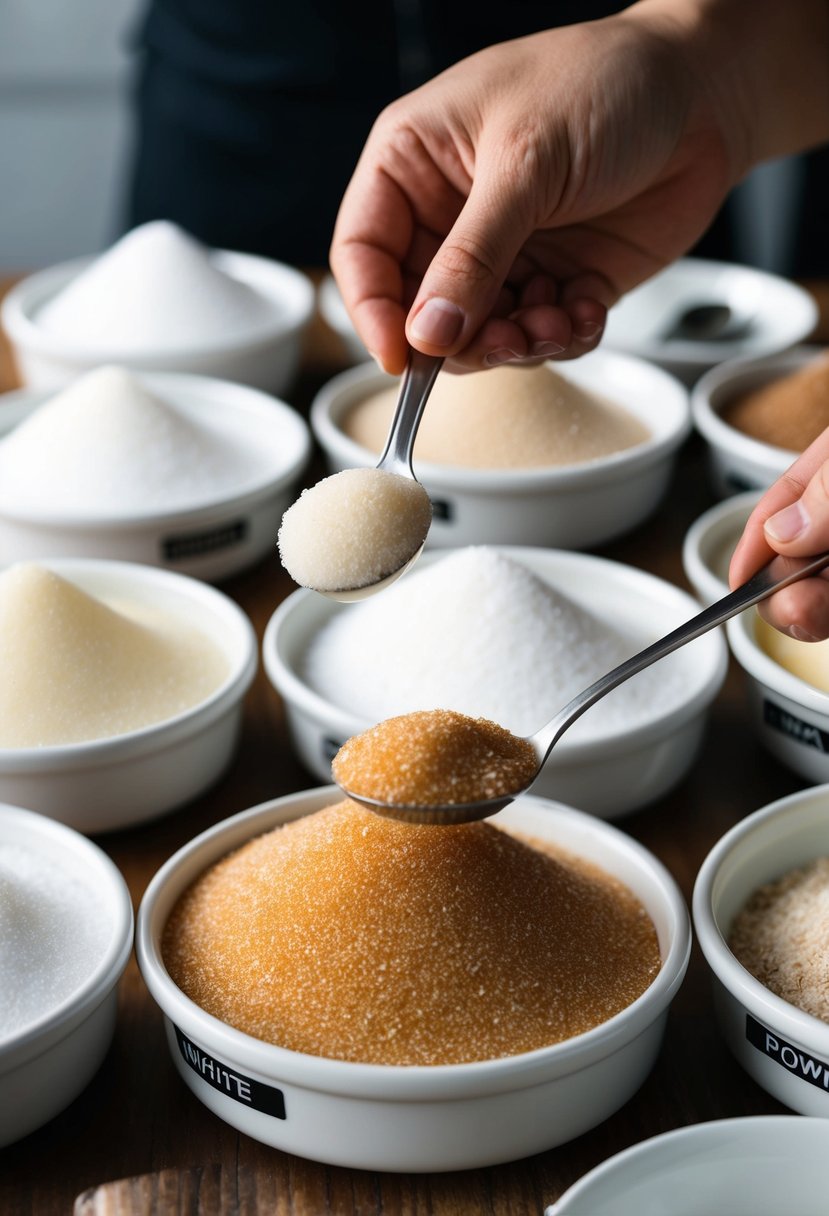 Various sugar types (white, brown, powdered) arranged on a table with labeled containers. A hand holding a spoon scoops a sample from each