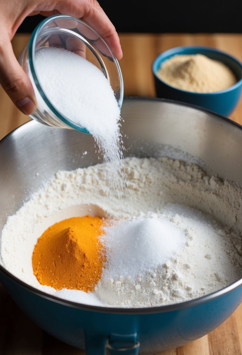 A hand pouring salt into a mixing bowl filled with flour and other dry ingredients for ujeqe recipes