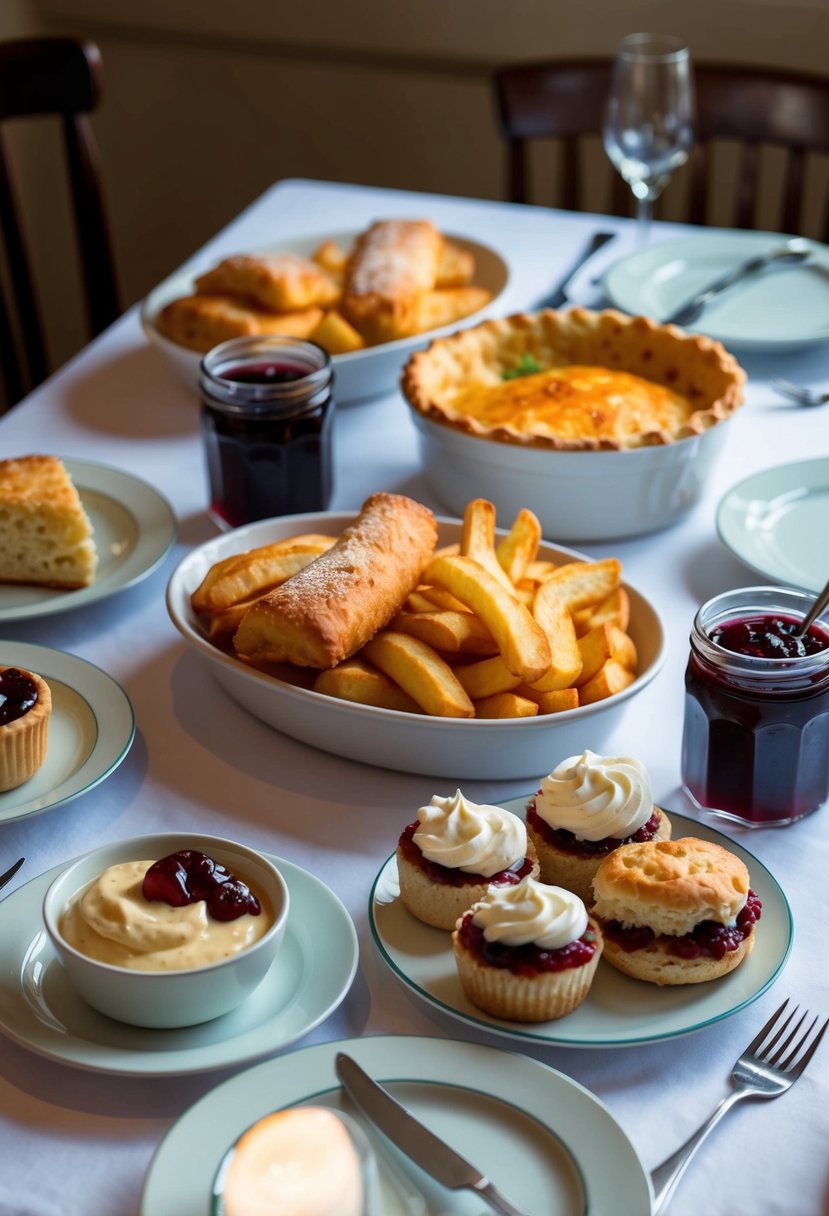 A table set with traditional British dishes, including fish and chips, shepherd's pie, and scones with clotted cream and jam