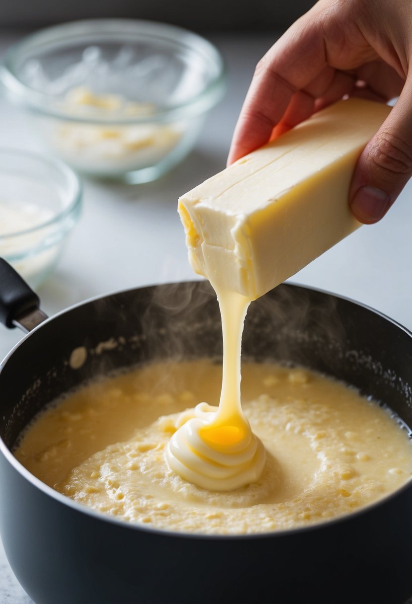 A stick of margarine melting into a bubbling pot of ujeqe batter