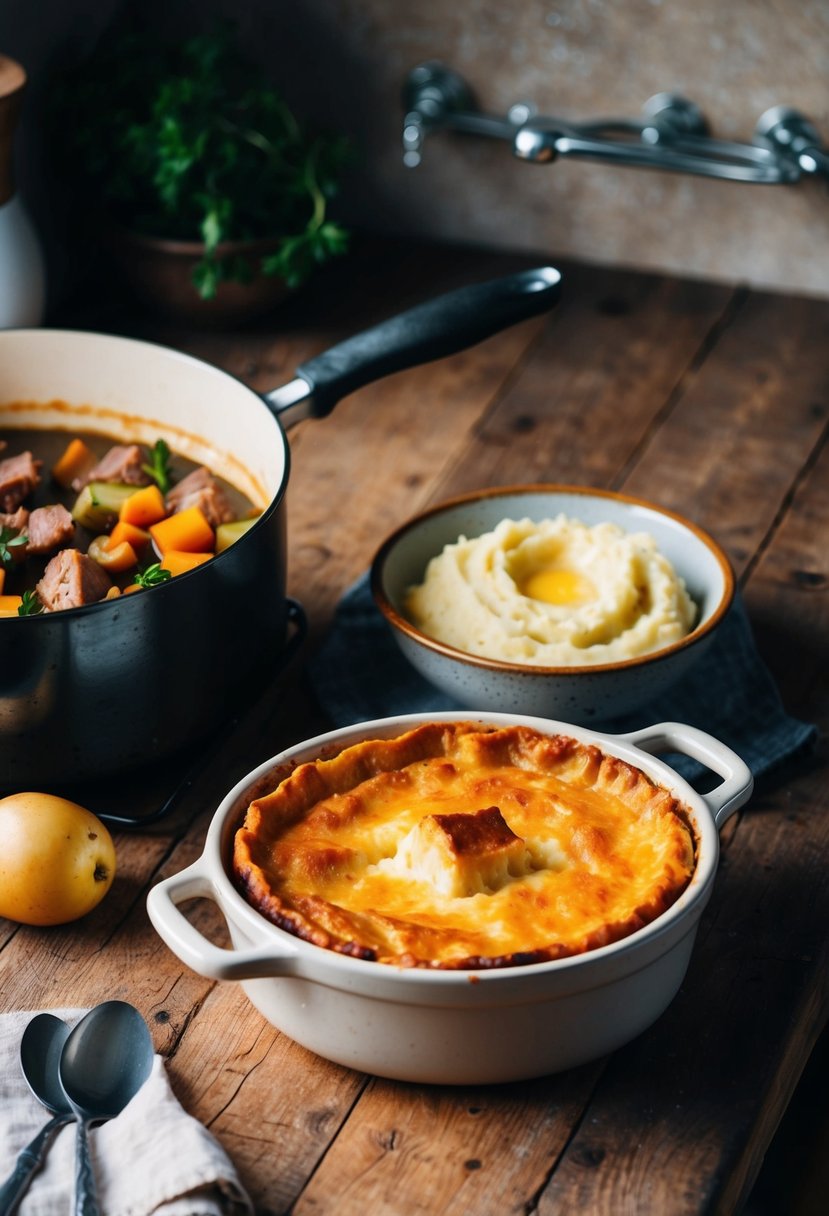 A rustic kitchen with a bubbling pot of meat and vegetables, a bowl of creamy mashed potatoes, and a golden-brown Shepherd's Pie in a ceramic dish on a wooden table