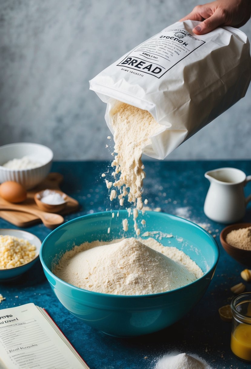 A bag of bread flour pouring into a mixing bowl, surrounded by scattered ingredients and a recipe book open to a ujeqe recipe