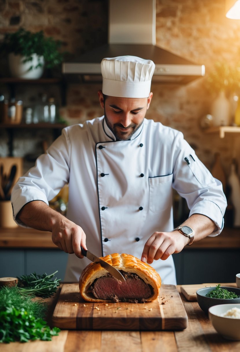 A chef prepares Beef Wellington in a rustic kitchen, surrounded by fresh herbs and ingredients. The golden pastry glistens in the warm light