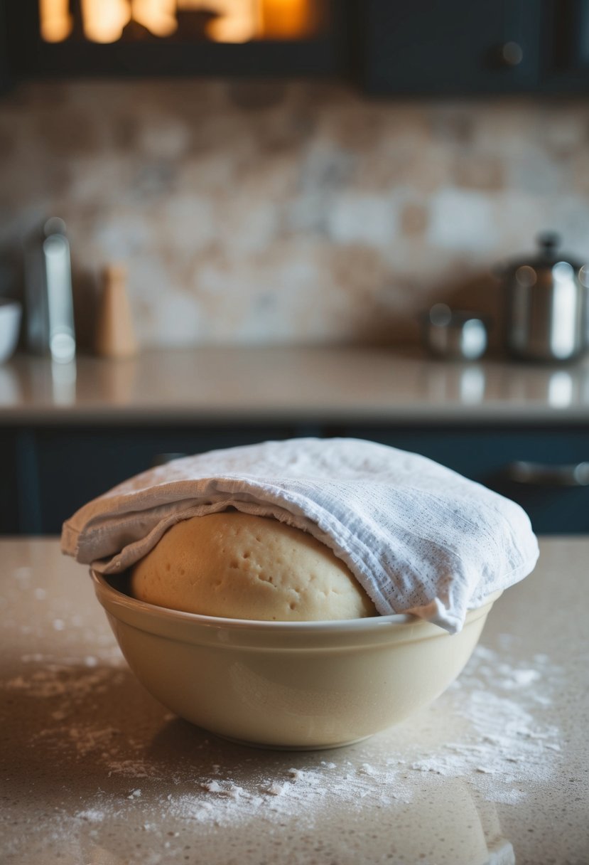 A bowl of dough covered with a damp cloth on a kitchen counter