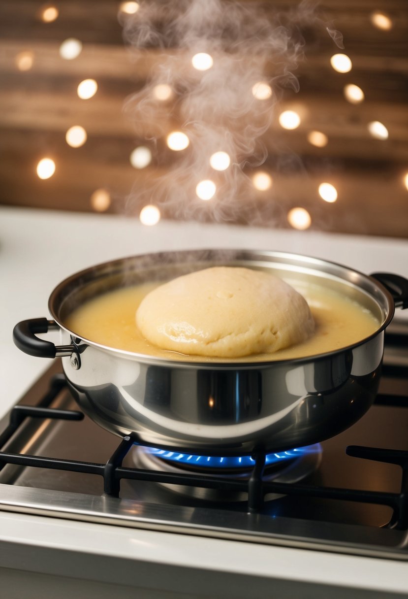 A double boiler steams ujeqe dough on a stovetop