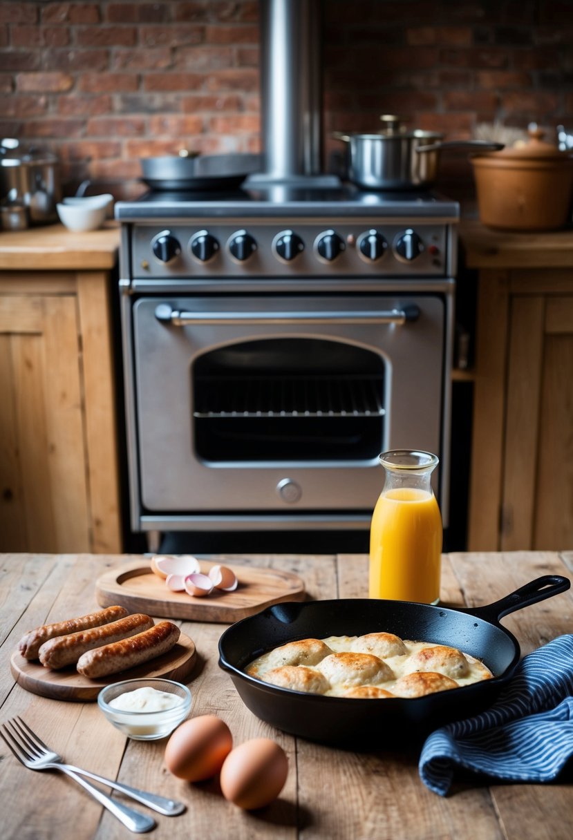 A rustic kitchen with a vintage oven, a cast iron skillet, and ingredients like sausages, eggs, and batter for making traditional Toad-in-the-Hole