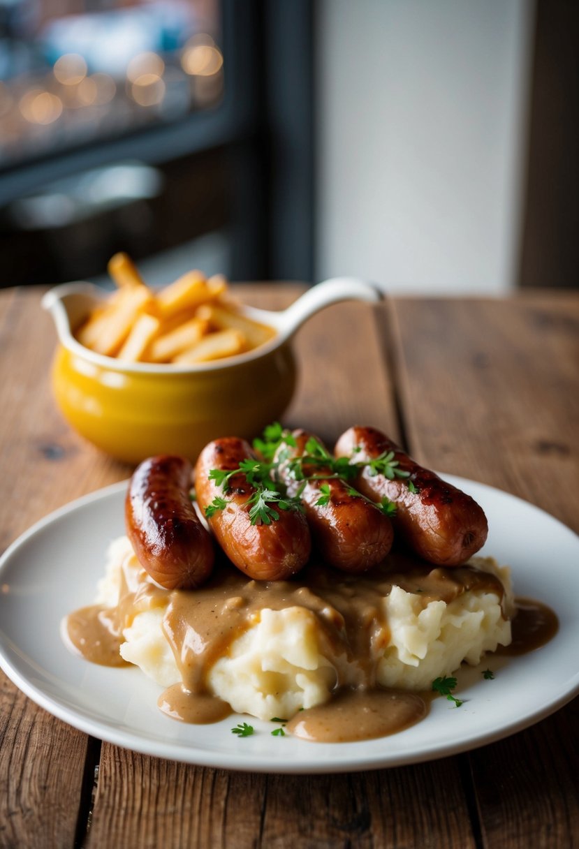 A plate of bangers and mash with onion gravy on a wooden table