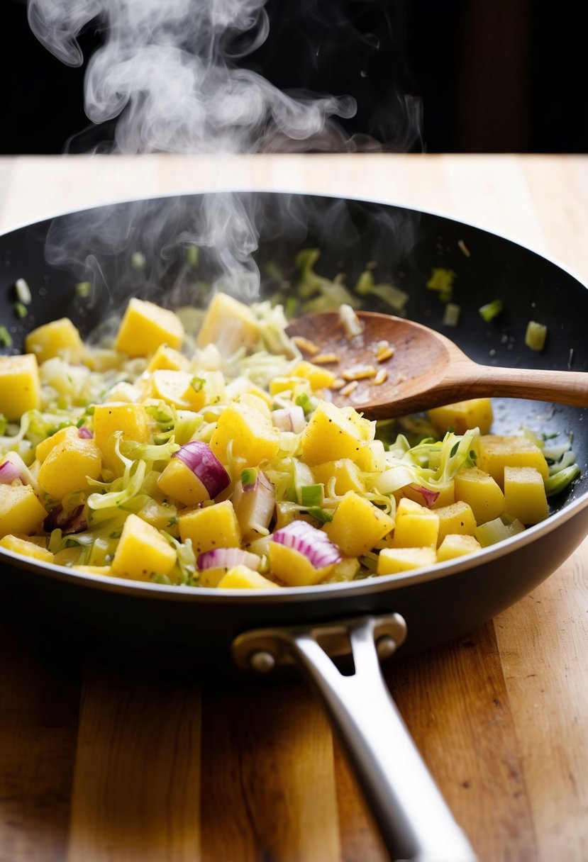 A sizzling pan with diced potatoes, cabbage, and onions cooking together, steam rising as they fry, creating the traditional Bubble and Squeak dish